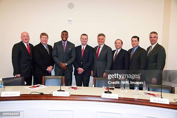 Bill Daly, Dave Ogrean, Kevin Weekes, Michael Kanters, Kirk Bauer, Gary Bettman, Pat LaFontaine and Joe Bowser attend the Congressional Hockey Caucus...