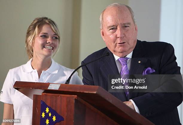 Jessica Watson stands alongside MC Alan Jones during a media conference to announce her next project, which is to skipper the youngest ever crew in...