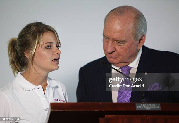Jessica Watson stands alongside MC Alan Jones during a media conference to announce her next project, which is to skipper the youngest ever crew in...