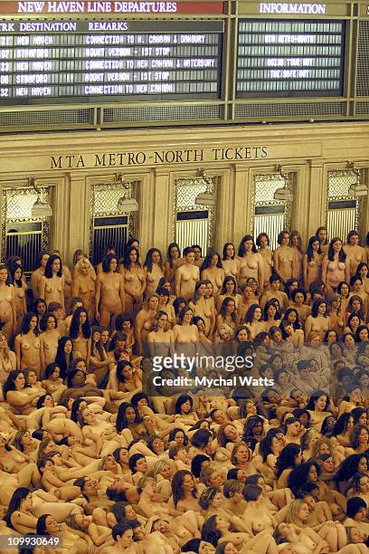 Nude Participants during A Mass Nude Installation at Grand Central Station by Artist Spencer Tunick Celebrating the Documentary Naked World at Grand...