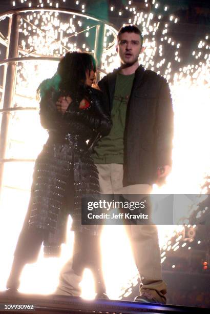 Janet Jackson and Justin Timberlake during Super Bowl XXXVIII Halftime Show at Reliant Stadium in Houston, Texas, United States.