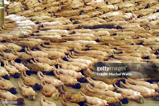 Nude Participants during A Mass Nude Installation at Grand Central Station by Artist Spencer Tunick Celebrating the Documentary Naked World at Grand...