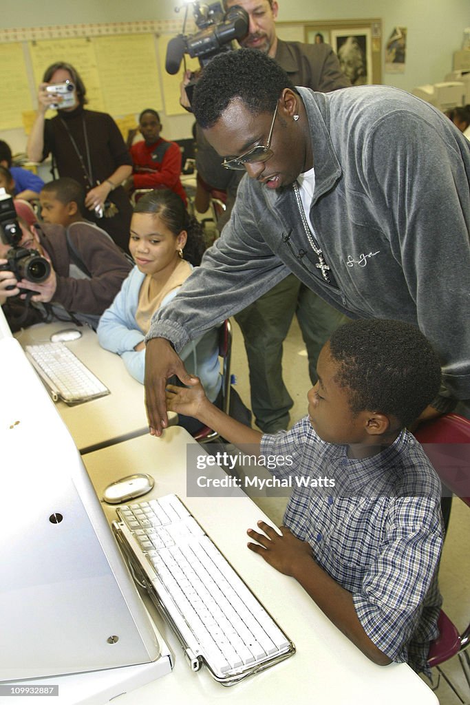 Sean P. Diddy Combs and students during Sean P. Diddy Combs Visits