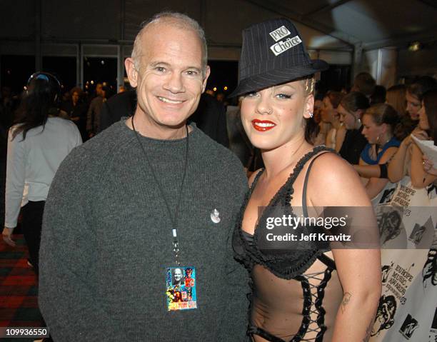 Bill Roedy of MTV and Pink during MTV Europe Music Awards 2003 - Arrivals at Ocean Terminal Arena in Edinburgh, Scotland.