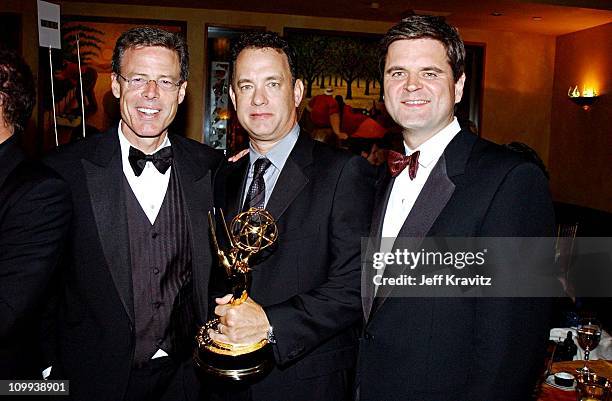 Jeff Bewkes, Tom Hanks, Steve Case during The 54th Annual Primetime Emmy Awards - HBO Post Party at Spago's in Los Angeles, California, United States.