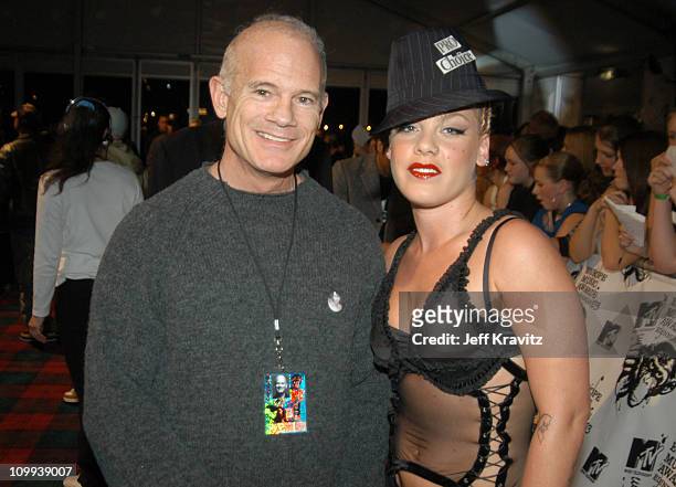 Bill Roedy of MTV and Pink during MTV Europe Music Awards 2003 - Arrivals at Ocean Terminal Arena in Edinburgh, Scotland.
