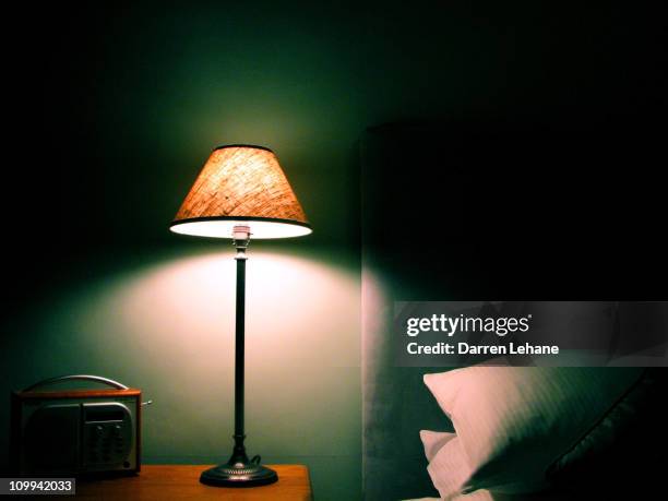 pillows, lamp and radio - bedroom radio stockfoto's en -beelden