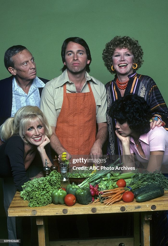 FOREGROUND:SUZANNE SOMERS;JOYCE DEWITT. BACKGROUND:NORMAN FELL;JOHN RITTER;AUDRA LINDLEY