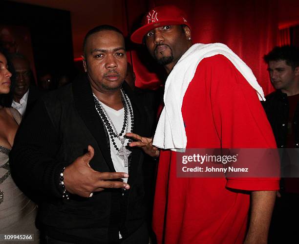 Timbaland and Magoo attend Timbaland's birthday party at the Chop House on March 9, 2011 in Miami, Florida.