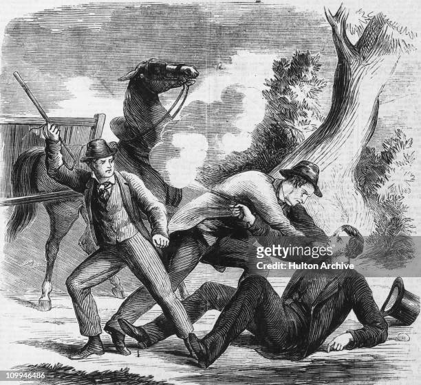 Irish criminal Thomas O'Flynn attacking a farmer named Cummins and his son near Dublin. Ireland, circa 1865. O'Flynn was later accused of attempted...