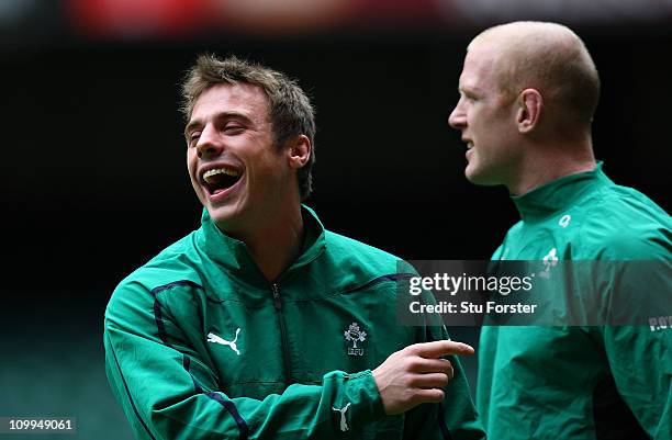 Ireland players Tommy Bowe and Paul O'Connell share a joke during Ireland training today ahead of tomorrows RBS Six Nations game against Wales at...