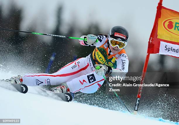 Elisabeth Goergl of Austria competes during the Audi FIS Alpine Ski World Cup Women's Giant Slalom on March 11, 2011 in Spindleruv Mlyn, Czech...