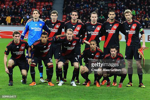 Players of Leverkusen pose for the team photo before the UEFA Europa League round of 16 first leg match between Bayer Leverkusen and Villarreal at...