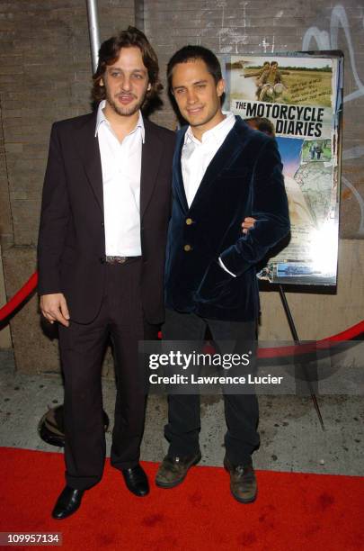 Rodrigo de la Serna and Gael Garcia Bernal during Motorcycle Diaries - New York Premiere at Loews 19th Street Theatre in New York, New York, United...