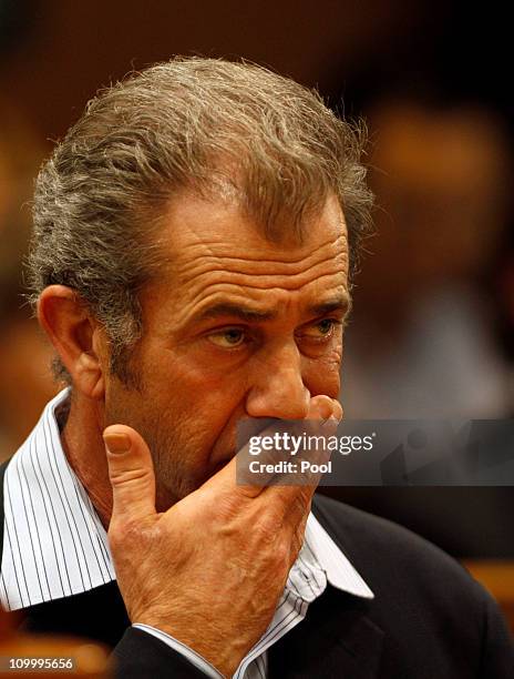 Actor Mel Gibson appears at the Los Angeles Courthouse Airport branch on March 11, 2011 in Los Angeles, California. Gibson entered a plea of no...