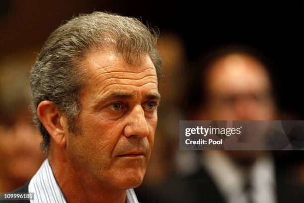 Actor Mel Gibson appears at the Los Angeles Courthouse Airport branch on March 11, 2011 in Los Angeles, California. Gibson entered a plea of no...