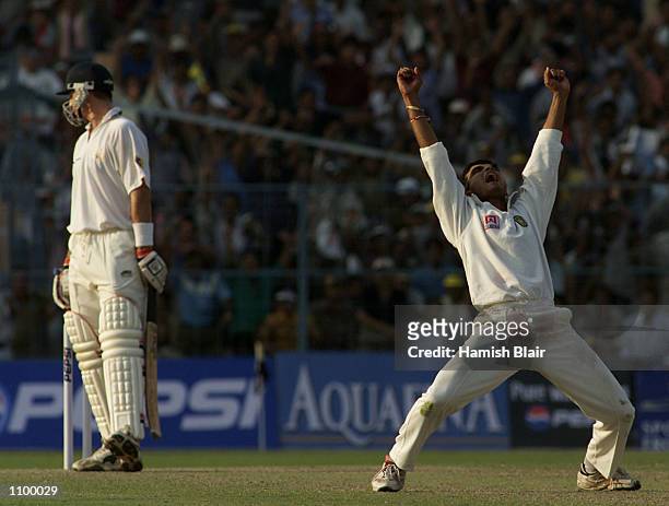 Saurav Ganguly of India claims the wicket of Michael Kasprowicz of Australia LBW for seven, during day one of the 2nd Test between India and...