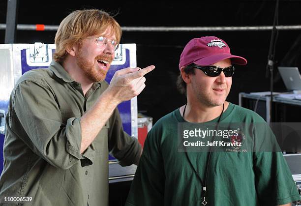 Trey Anastasio and Jon Fishman backstage at the Odeum Stage during the Rothbury Music Festival 08 on July 6, 2008 in Rothbury, Michigan.