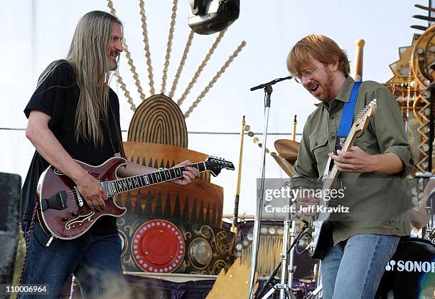 Scott Murawski and Trey Anastasio perform with Mike Gordon's band on the Ranch Sherwood Court Stage during the Rothbury Music Festival 08 on July 6,...