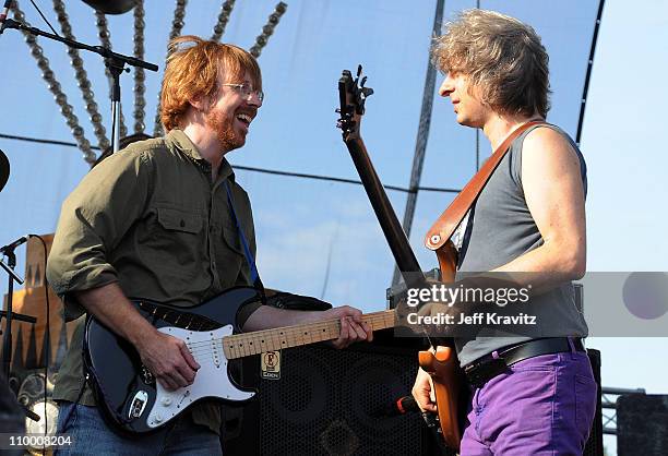 Trey Anastasio and Mike Gordon perform on the Ranch Sherwood Court Stage during the Rothbury Music Festival 08 on July 6, 2008 in Rothbury, Michigan.