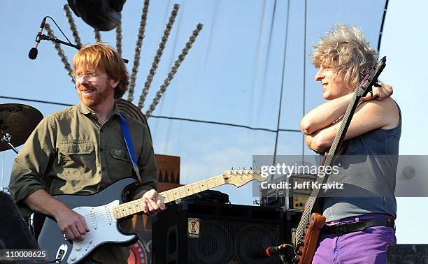 Trey Anastasio and Mike Gordon perform on the Ranch Sherwood Court Stage during the Rothbury Music Festival 08 on July 6, 2008 in Rothbury, Michigan.