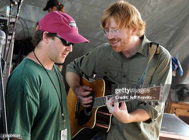 Jon Fishman and Trey Anastasio backstage at the Odeum Stage during the Rothbury Music Festival 08 on July 6, 2008 in Rothbury, Michigan.