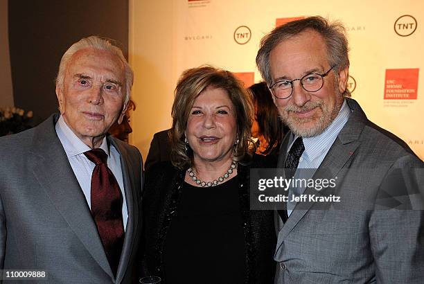 Honoree actor Kirk Douglas, Wallis Annenberg, and director Steven Spielberg attend Steven Spielberg's annual Ambassadors for Humanity Gala honoring...