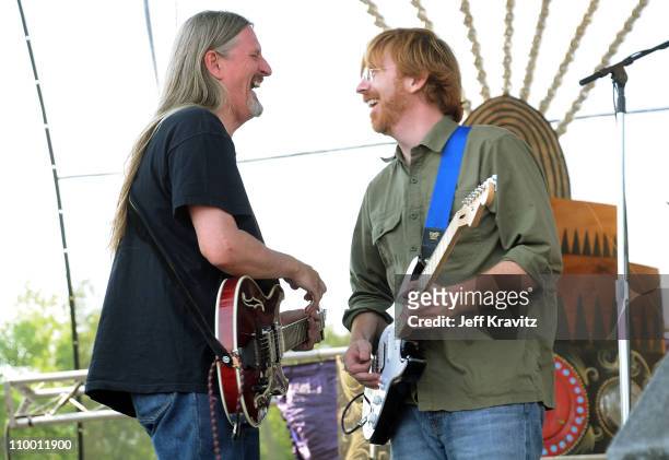 Scott Murawski and Trey Anastasio perform with Mike Gordon's band on the Ranch Sherwood Court Stage during the Rothbury Music Festival 08 on July 6,...
