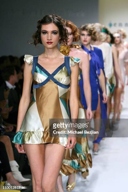 Models on the runway at the Jenny Han Spring 2008 fashion show during the Mercedes Benz Fashion Week at Smashbox Studios on October 16, 2007 in...