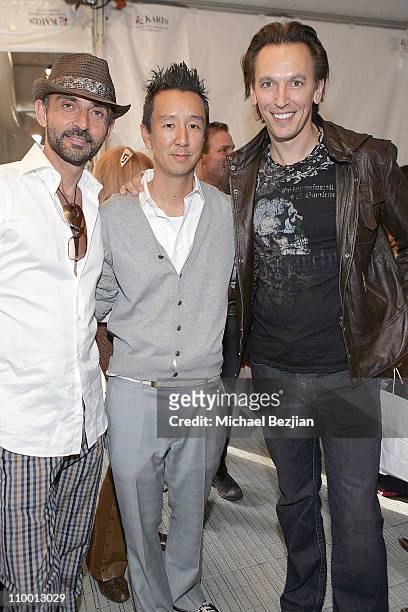 Shaun Toub, Eric Kim, and Steve Valentine backstage at the Monarchy Collection Spring 2008 Fashion Show during the Mercedes Benz fashion week at...