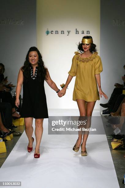 Jenny Han and Caroline D'Amore on the runway at the Jenny Han Spring 2008 fashion show during the Mercedes Benz Fashion Week at Smashbox Studios on...