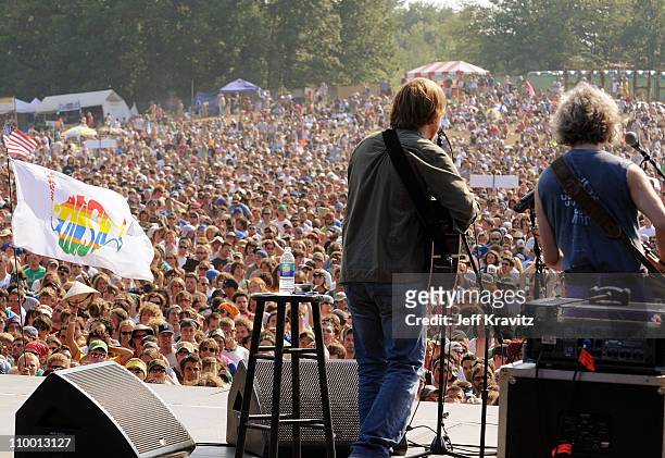 Trey Anastasio and Mike Gordon perform on the Odeum Stage during the Rothbury Music Festival 08 on July 6, 2008 in Rothbury, Michigan.