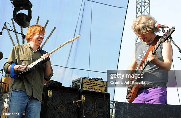 Trey Anastasio and Mike Gordon perform on the Ranch Sherwood Court Stage during the Rothbury Music Festival 08 on July 6, 2008 in Rothbury, Michigan.