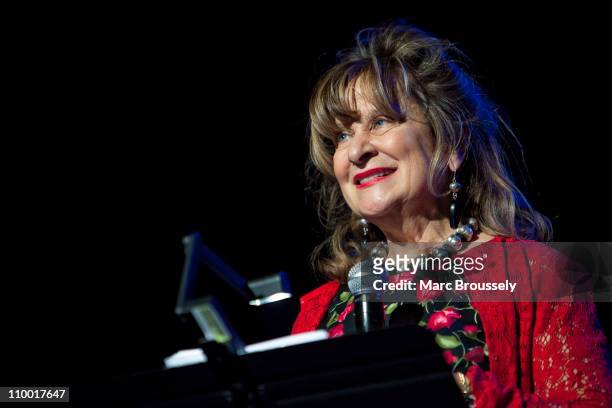 Baroness Helena Kennedy QC makes a speech on stage during 'EQUALS Live' as part of Women Of The World at the Royal Festival Hall on March 11, 2011 in...