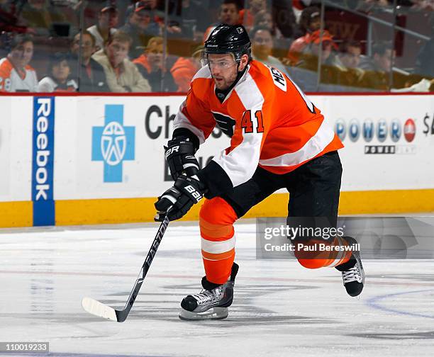 Andrej Meszaros of the Philadelphia Flyers skates during an NHL hockey game against the Edmonton Oilers at the Wells Fargo Center on March 8, 2011 in...