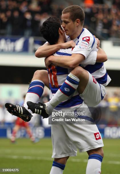 Heidar Helguson of QPR celebrates scoring the first goal during the npower Championship match between Queens Park Rangers and Crystal Palace at...
