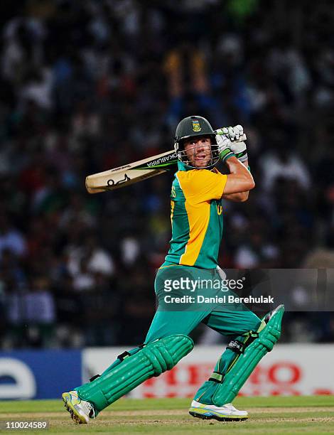 De Villiers of South Africa bats during the Group B ICC World Cup Cricket match between India and South Africa at Vidarbha Cricket Association Ground...