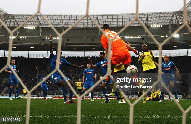 Goalkeeper Tom Starke of Hoffenheim saves a shoot of Lucas Barrios of Dortmund during the Bundesliga match between 1899 Hoffenheim and Borussia...