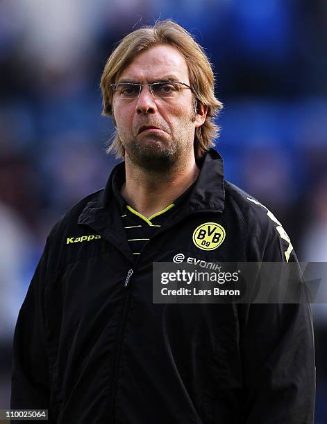 Head coach Juergen Klopp of Dortmund looks on prior to the Bundesliga match between 1899 Hoffenheim and Borussia Dortmund at Rhein-Neckar Arena on...