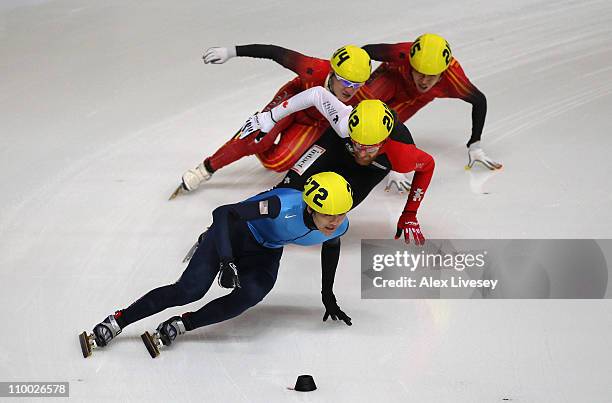 Simon Cho of USA wins gold in the Mens 500m Final Olivier Jean of Canada wins silver during day two of the ISU World Short Track Speed Skating...