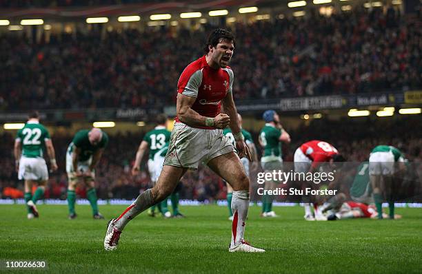Try scorer Mike Phillips of Wales celebrates on the final whistle after the RBS Six Nations Championship match between Wales and Ireland at the...