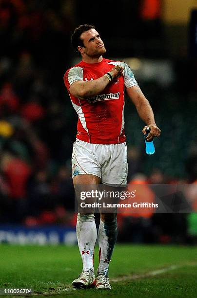 Jamie Roberts of Wales appaluads the fans following his team's victory during the RBS Six Nations Championship match between Wales and Ireland at the...