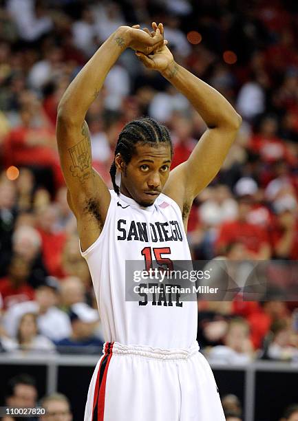 Kawhi Leonard of the San Diego State Aztecs waits for a UNLV Rebels player to shoot a free throw during a semifinal game of the Conoco Mountain West...