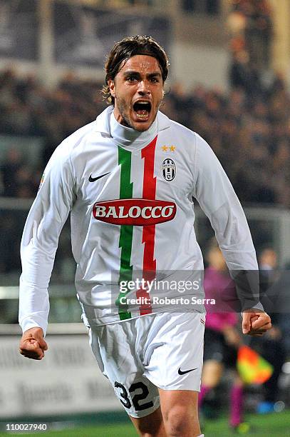 Alessandro Matri of Juventus celebrates scoring a goal during the Serie A match between AC Cesena and Juventus FC at Dino Manuzzi Stadium on March...