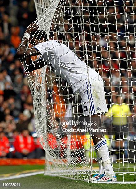 Emmanuel Adebayor of Real Madrid reacts during the La Liga match between Real Madrid and Hercules at Estadio Santiago Bernabeu on March 12, 2011 in...