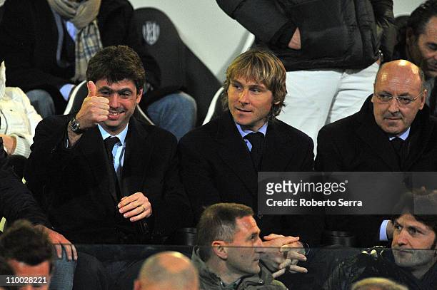 President of Juventus Andrea Agnelli, Pavel Nedved and Giuseppe Marotta look on during the Serie A match between AC Cesena and Juventus FC at Dino...