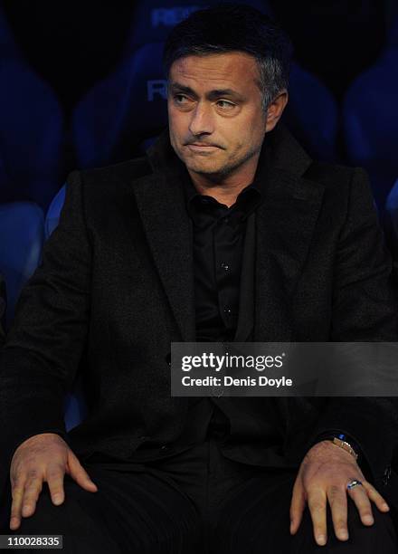 Head coach Jose Mourinho of Real Madrid takes his place at the players bench before the start of the La Liga match between Real Madrid and Hercules...