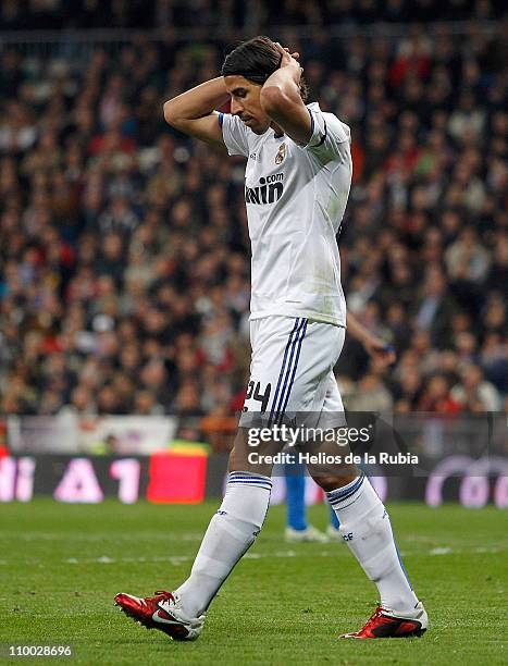 Sami Khedira of Real Madrid reacts during the La Liga match between Real Madrid and Hercules at Estadio Santiago Bernabeu on March 12, 2011 in...