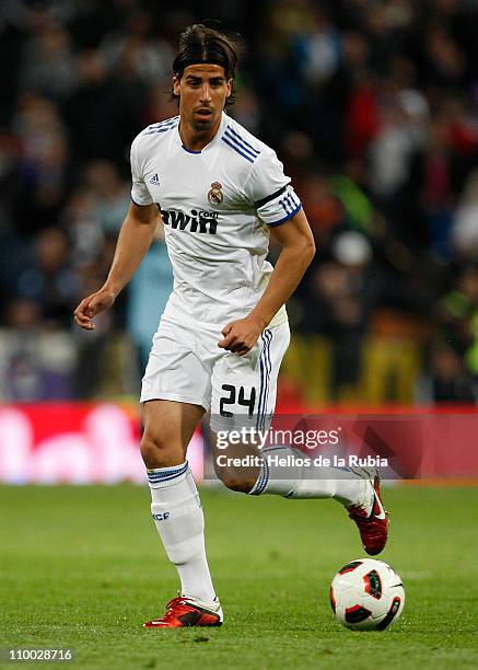 Sami Khedira of Real Madrid in action during the La Liga match between Real Madrid and Hercules at Estadio Santiago Bernabeu on March 12, 2011 in...