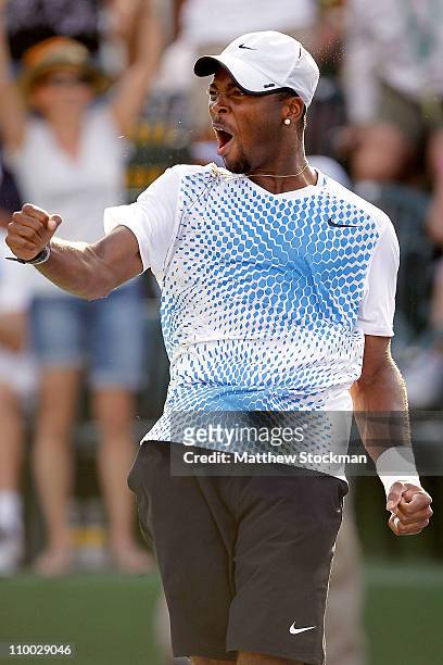 Donald Young celebrates match point against Andy Murray of Great Britain Donald Young during the BNP Paribas Open at the Indian Wells Tennis Garden...